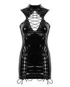 Black faux leather sleeveless mini dress with turtleneck and lace-up crisscross neckline