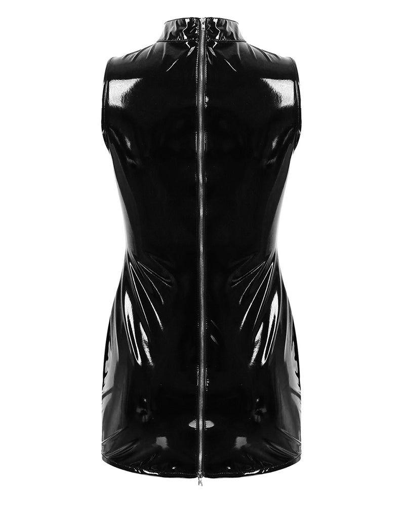 Black faux leather sleeveless mini dress with high neck and zip back, bodycon fit