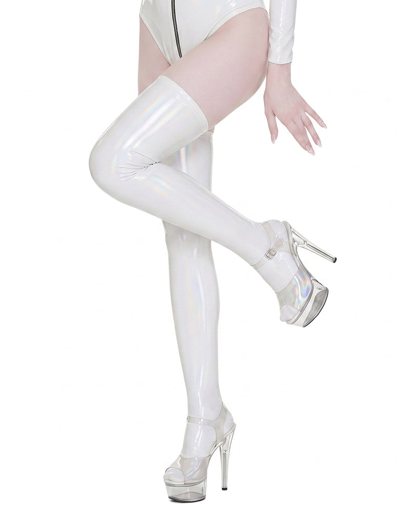 Wet Look PU Leather Thigh High Stockings - White