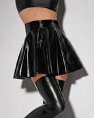 Wet Look Pleated Mini Skirt with T-String - Black