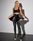 Wet Look Pleated Mini Skirt with T-String - Black