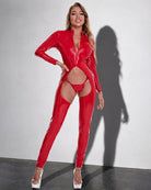 Wet Look Long Sleeve Crotchless Catsuit - Red