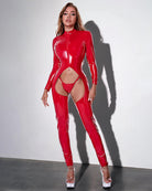 Wet Look Long Sleeve Crotchless Catsuit - Red