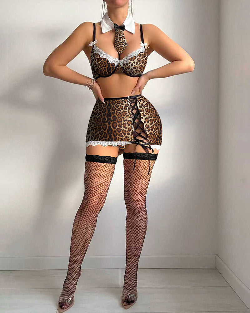 Avidlove Leopard Print Lingerie Set with Tie, Bra, Mini Skirt, Panty and Stockings