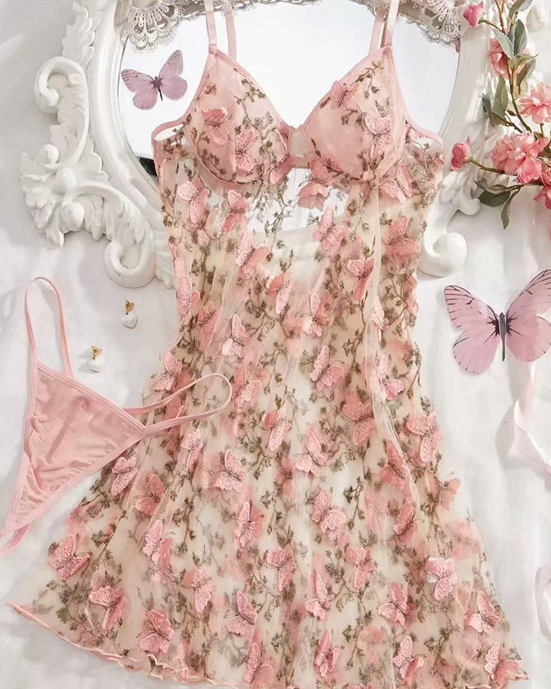 Avidlove Butterfly Embroidery Mesh Chemise with Panty, Sheer Floral Nightdress Set