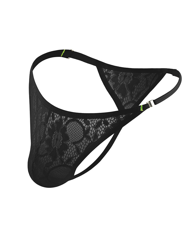 Men's Lace Floral G-String Thong Briefs - Black