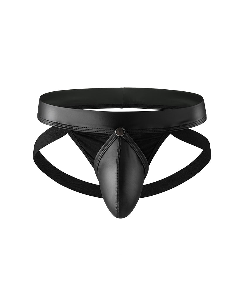 Men's Faux Leather Jockstrap with Wide Waistband - Black