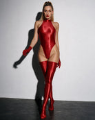 Glossy Halter Neck Bodysuit - Wine Red