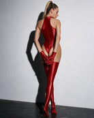 Glossy Halter Neck Bodysuit - Wine Red