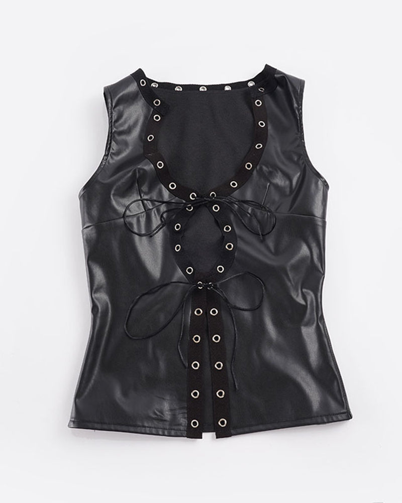 Avidlove PU Leather Lace-Up Crop Vest and Shorts Set with Eyelet Hardware