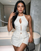Avidlove Halter Cut-Out Peplum Top and Wrap Mini Skirt Set with Bow Detail