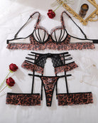 Avidlove Leopard Print Lace 4-Piece Lingerie Set with Garter Belt