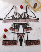 Avidlove Leopard Print Lace 4-Piece Lingerie Set with Garter Belt