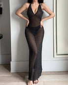 Glitter Sheer Halter Maxi Chemise with Thong - Black