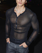Sheer Glitter Button Henley Long Sleeve Top - Black