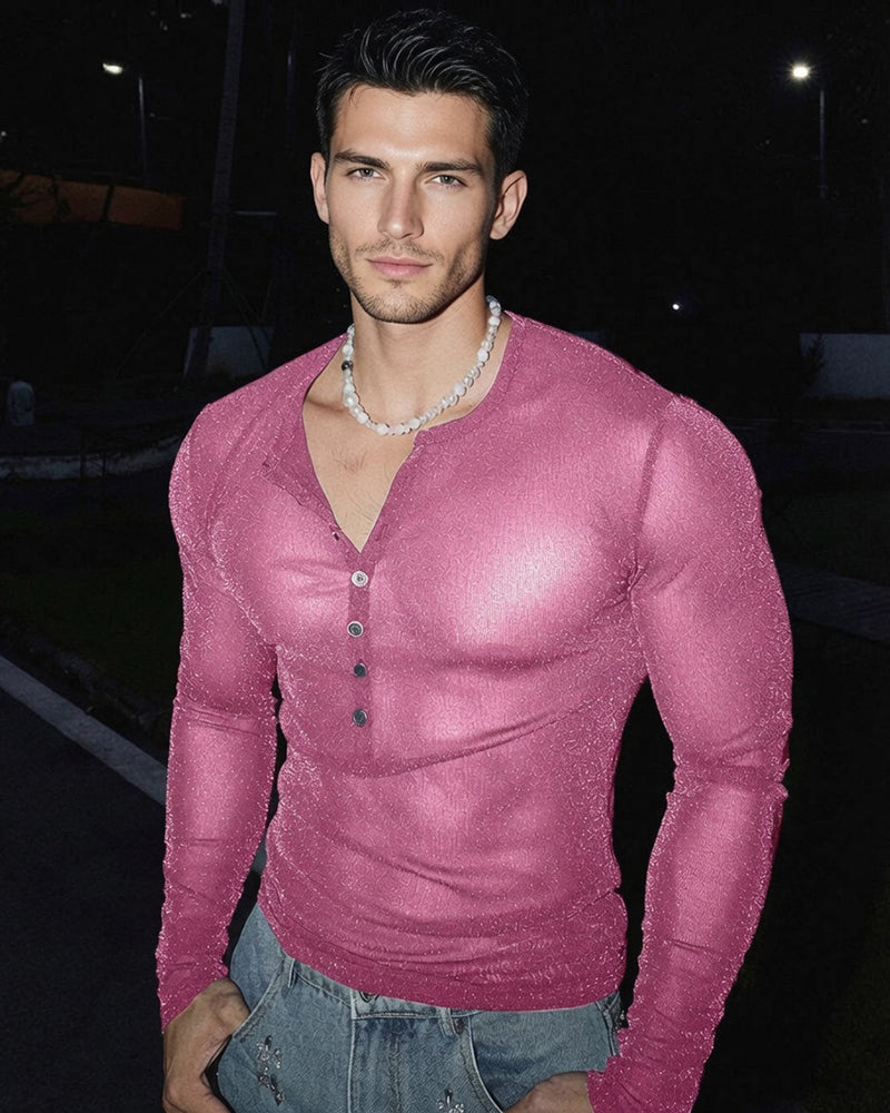 Sheer Glitter Button Henley Long Sleeve Top - Pink