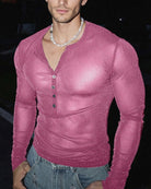 Sheer Glitter Button Henley Long Sleeve Top - Pink