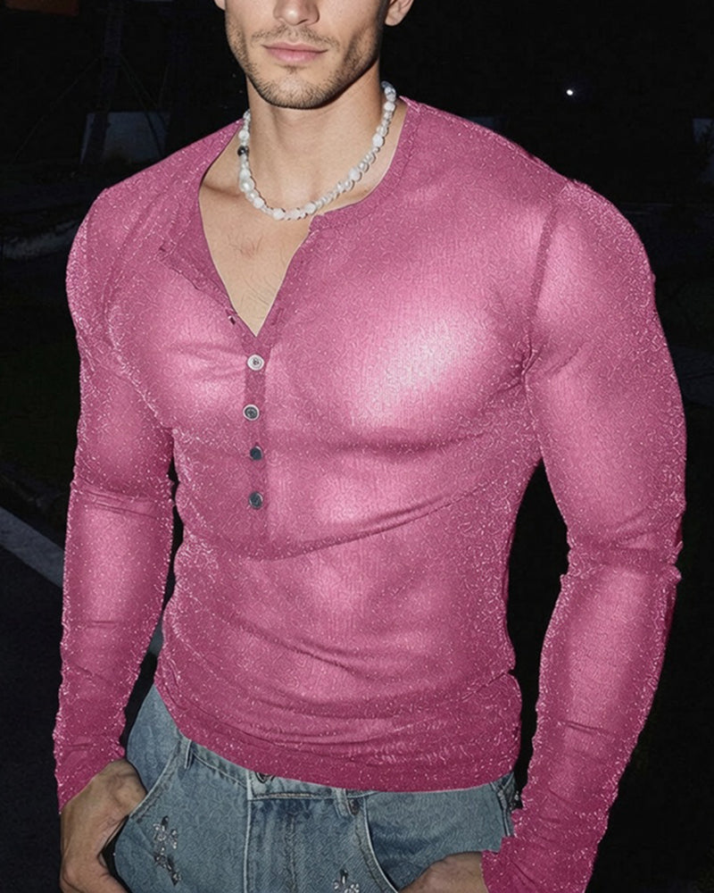 Sheer Glitter Button Henley Long Sleeve Top - Pink