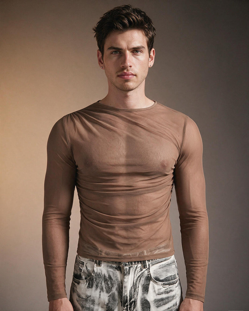 Sheer Mesh Long Sleeve Top - Brown