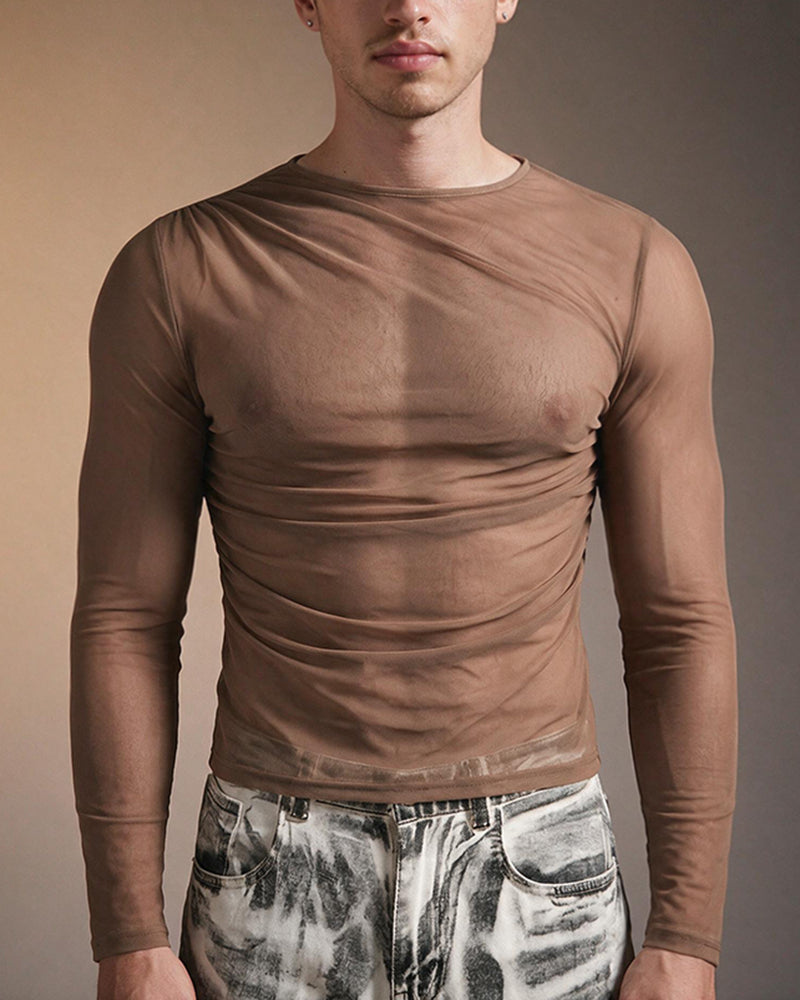 Sheer Mesh Long Sleeve Top - Brown