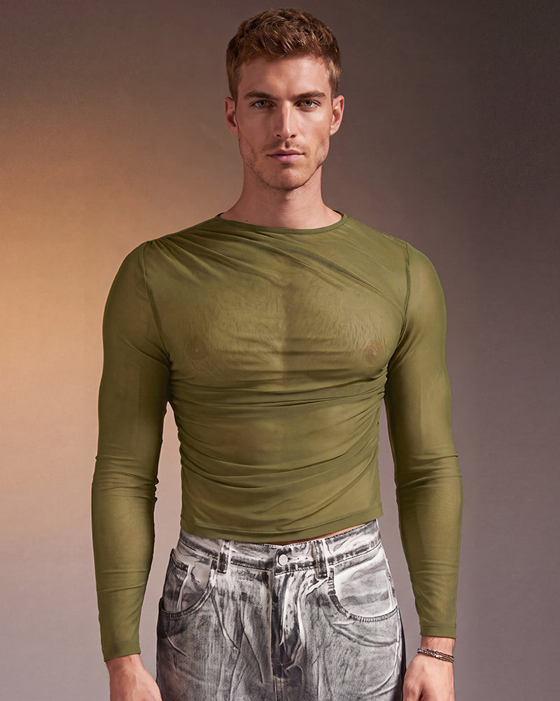 Sheer Mesh Long Sleeve Top - Green