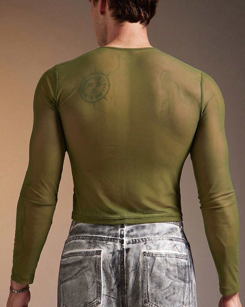 Sheer Mesh Long Sleeve Top - Green