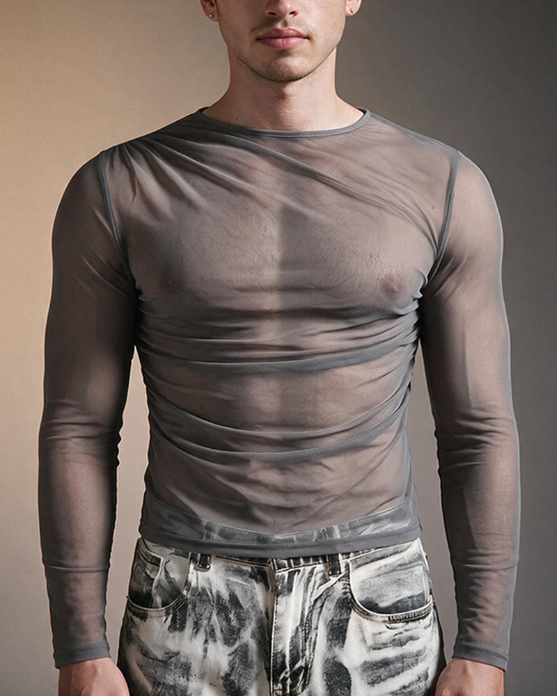 Sheer Mesh Long Sleeve Top - Gray