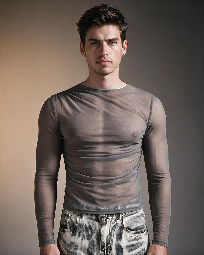 Sheer Mesh Long Sleeve Top - Gray