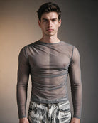 Sheer Mesh Long Sleeve Top - Gray