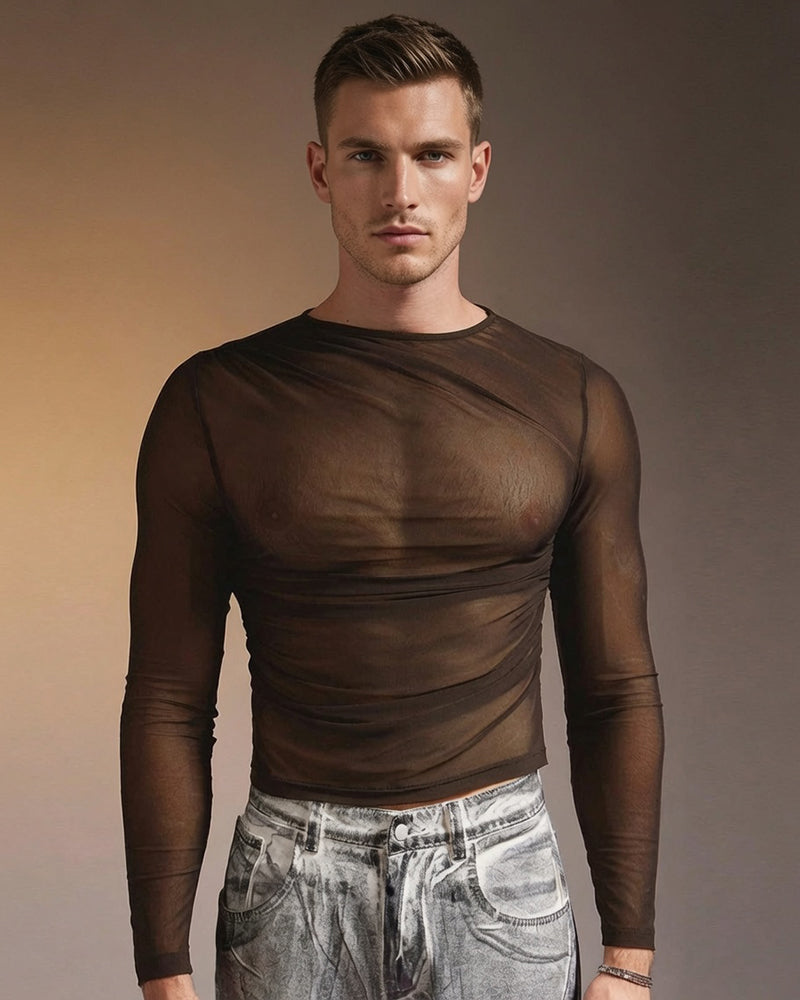 Sheer Mesh Long Sleeve Top - Khaki