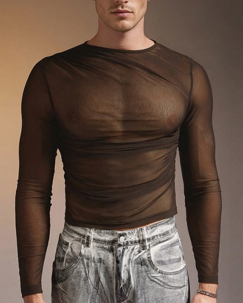 Sheer Mesh Long Sleeve Top - Khaki
