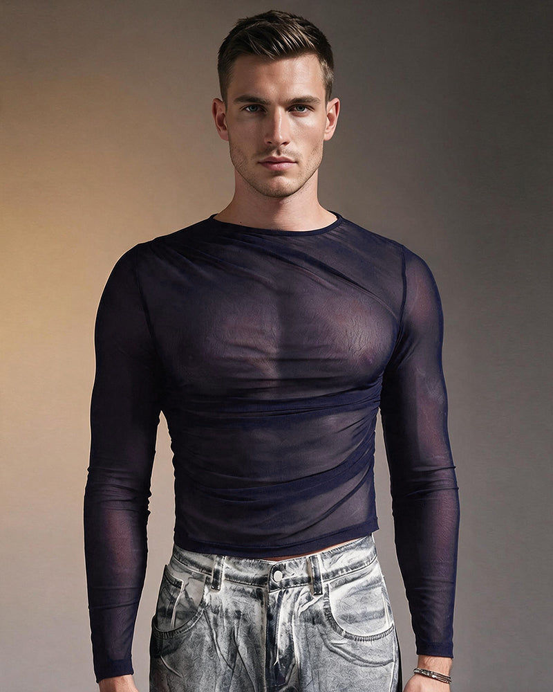 Sheer Mesh Long Sleeve Top - Navy
