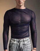 Sheer Mesh Long Sleeve Top - Navy