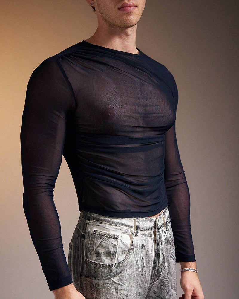 Sheer Mesh Long Sleeve Top - Navy