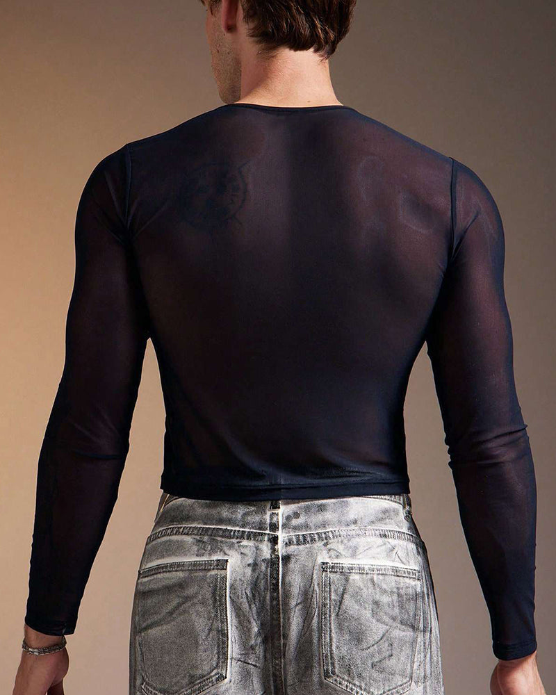 Sheer Mesh Long Sleeve Top - Navy