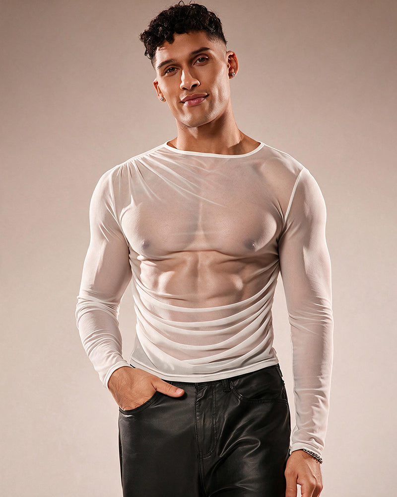 Sheer Mesh Long Sleeve Top - White