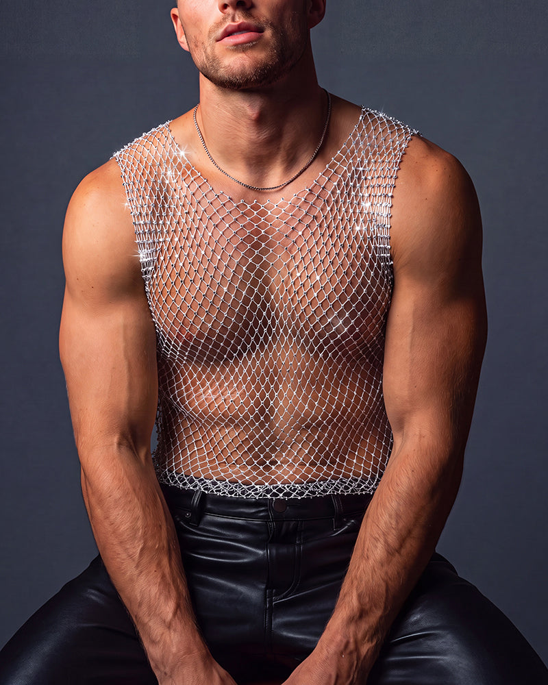 Rhinestone Fishnet Muscle Tank Top - White
