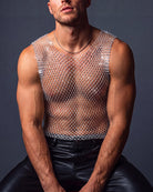 Rhinestone Fishnet Muscle Tank Top - White