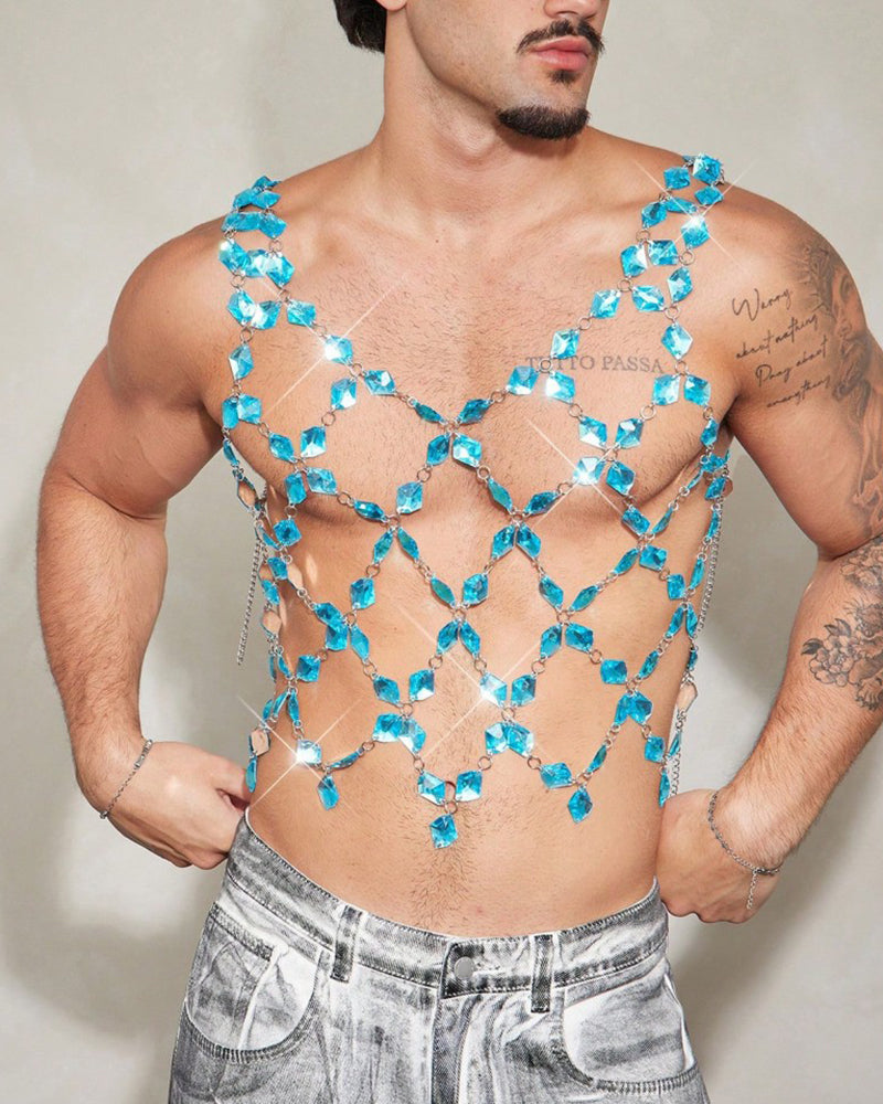 Crystal Gem Chain Body Harness Top - Blue