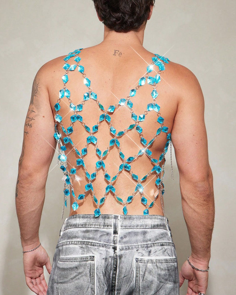 Crystal Gem Chain Body Harness Top - Blue