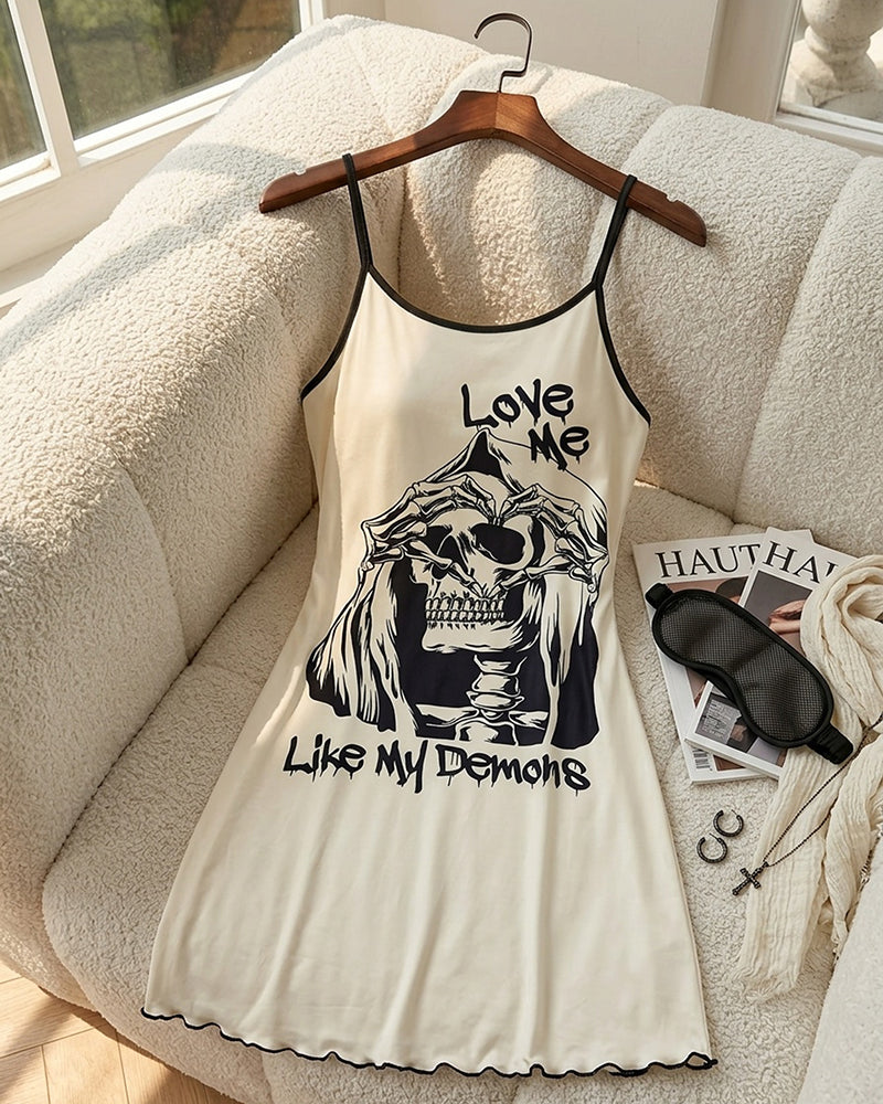 Skull Graphic Print Spaghetti Strap Mini Slip Dress - Cream