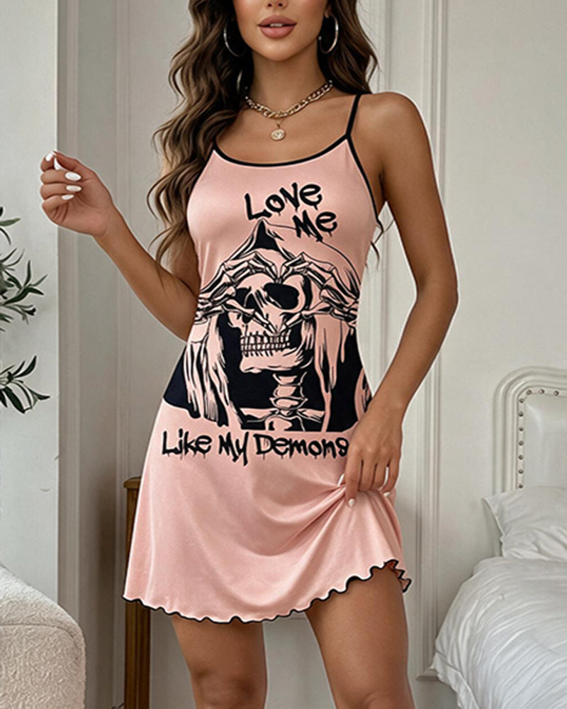 Skull Graphic Print Spaghetti Strap Mini Slip Dress - Pink