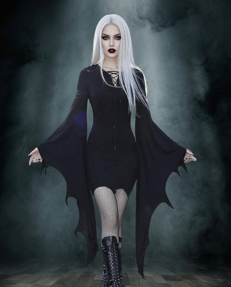 Black gothic mini dress with lace-up chest and batwing sleeves