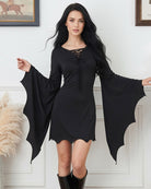 Bat Wing Gothic Lace-Up Halloween Mini Dress - Black