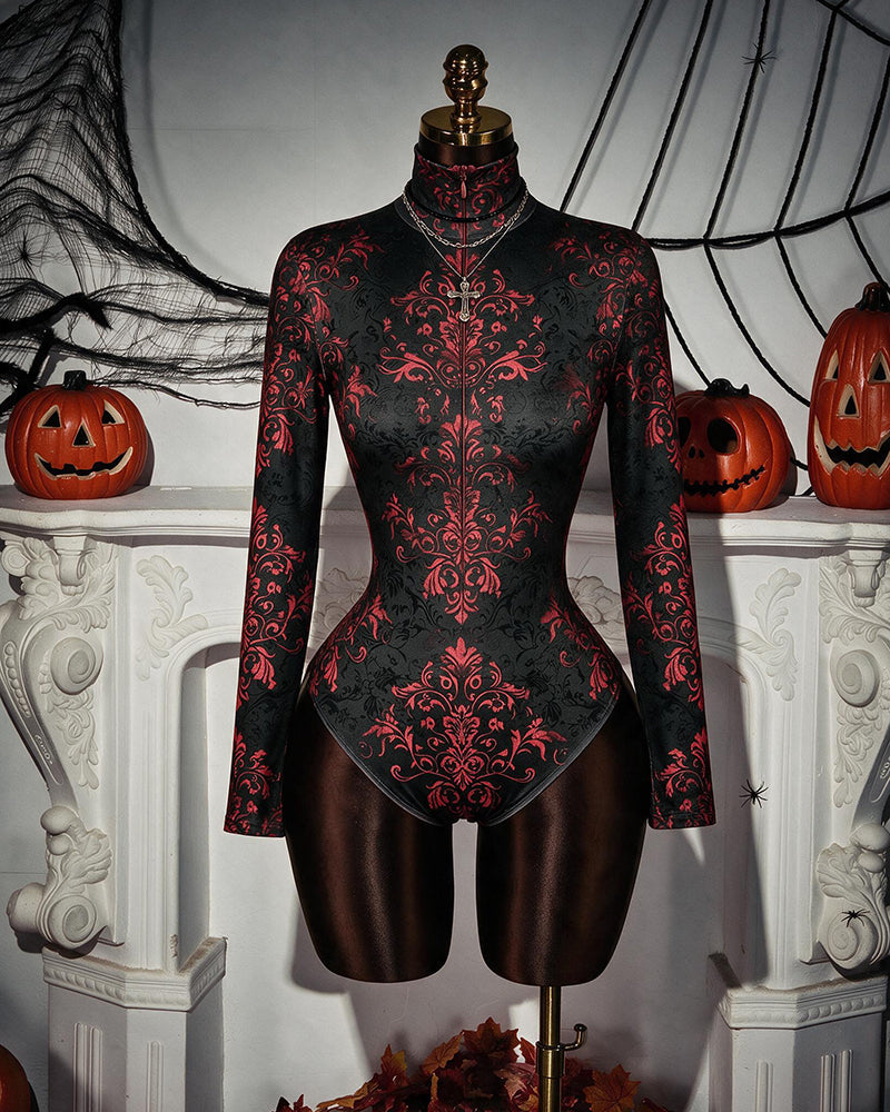 Baroque Floral Print Zip Front Long Sleeve Bodysuit Costume - Black/Red