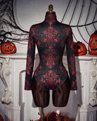 Baroque Floral Print Zip Front Long Sleeve Bodysuit Costume - Black/Red