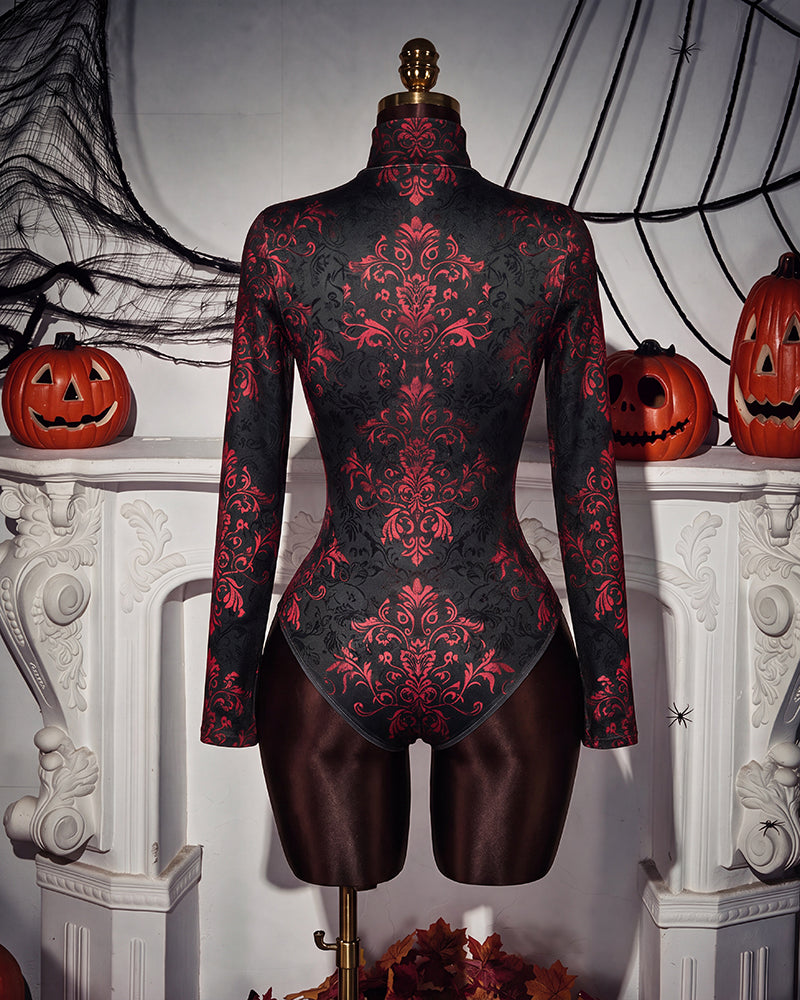Baroque Floral Print Zip Front Long Sleeve Bodysuit Costume - Black/Red