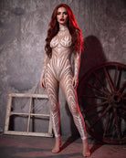 Skeleton Tattoo Print Full Body Catsuit Halloween Costume - Nude/White