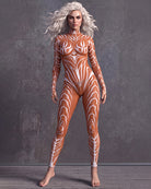 Orange-and-white skeleton-style tattoo print full-body catsuit, long sleeves, high neck