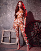 Orange-and-white skeleton-style tattoo print catsuit with full-length legs and high neck